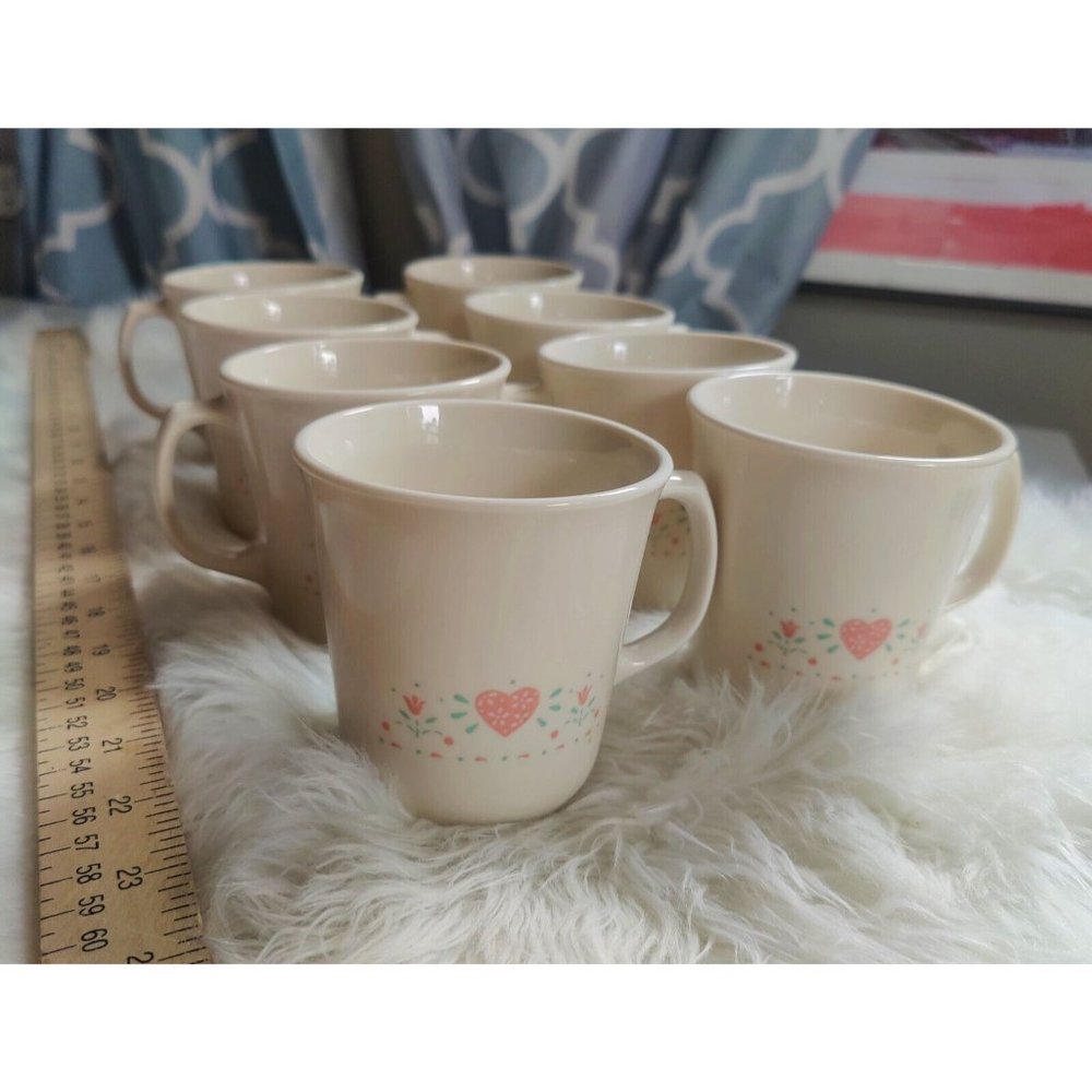 Set 8 Vintage Corelle Corning FOREVER YOURS Coffee Mugs Cups Pink Heart USA